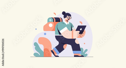A stylized figure with a backpack and glasses uses a tablet outdoors