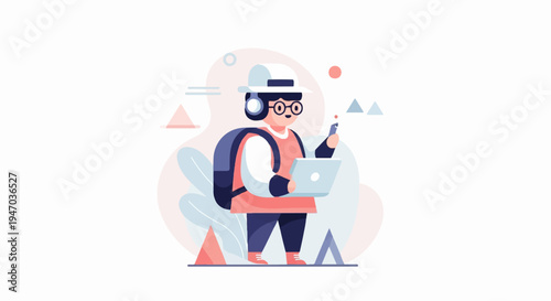 Young person with headphones, laptop, phone, and backpack, surrounded by abstract shapes