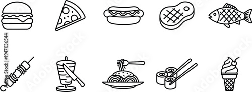A variety of food icons on a white background