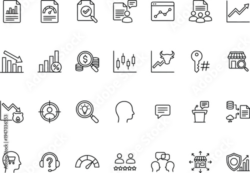 A collection of business and finance icons on a white background