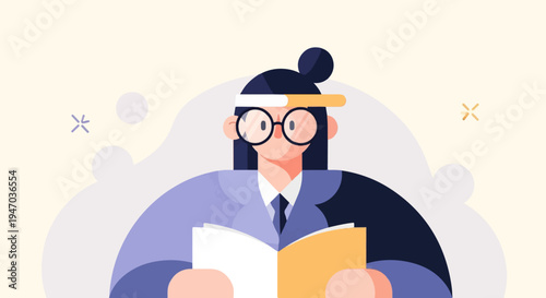 Woman wearing glasses reads an open book with a soft background