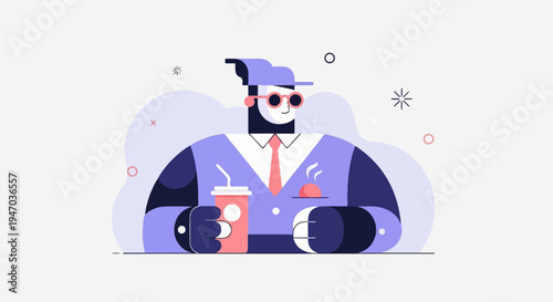 Stylized figure with drink and snack, wearing a cap and glasses