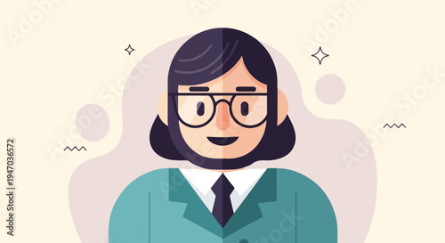 Stylized portrait of a smiling person wearing glasses and formal attire