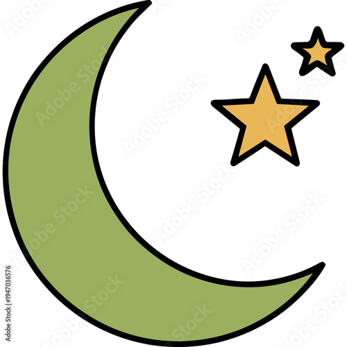 A green crescent moon shines brightly with two stars in the night sky