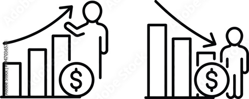 A graphic illustration of financial growth and decline with people and charts