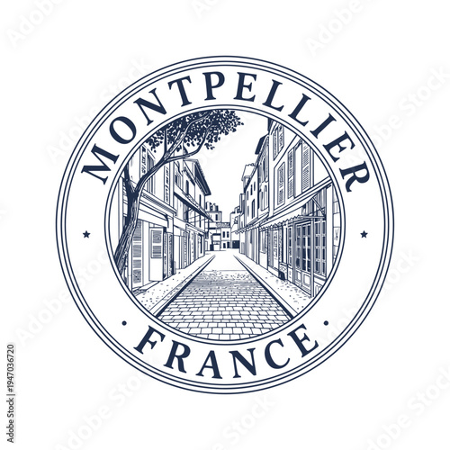 Montpellier france a vintage style circular emblem with a city view