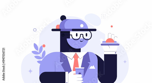 Stylized person in suit and hat holds drink and offers treat