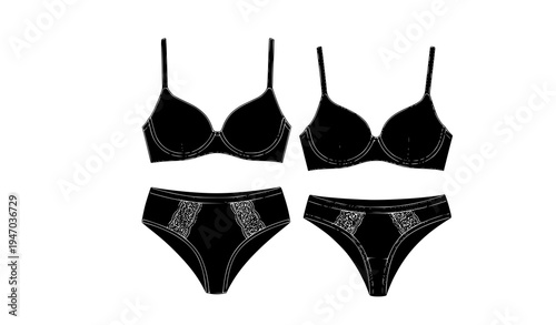 Women Bra and Panties Lingerie Set Collection Silhouette Isolated Vector Illustration for Underwear Fashion Design, Intimate Apparel Catalog, Clothing Branding, and Boutique Collection