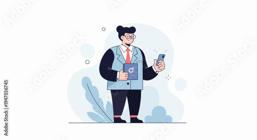 A figure in professional attire holds a device and a folder