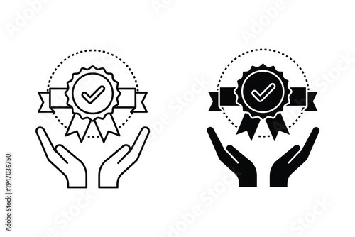 Quality Assurance Icons: Hands Holding Award Ribbon with Checkmark in Line/Silhouette