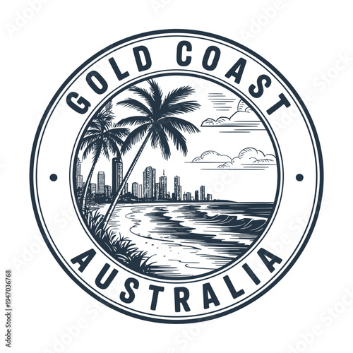 Vintage style emblem depicting the gold coast australia with palm trees