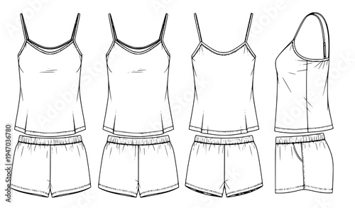 Women Camisole Top and Shorts Sleepwear Set Technical Fashion Illustration Showing Front Side and Back Views Isolated Vector for Nightwear Design and Apparel Mockups