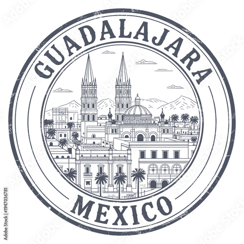 Guadalajara Mexico A vintage style travel stamp with city skyline