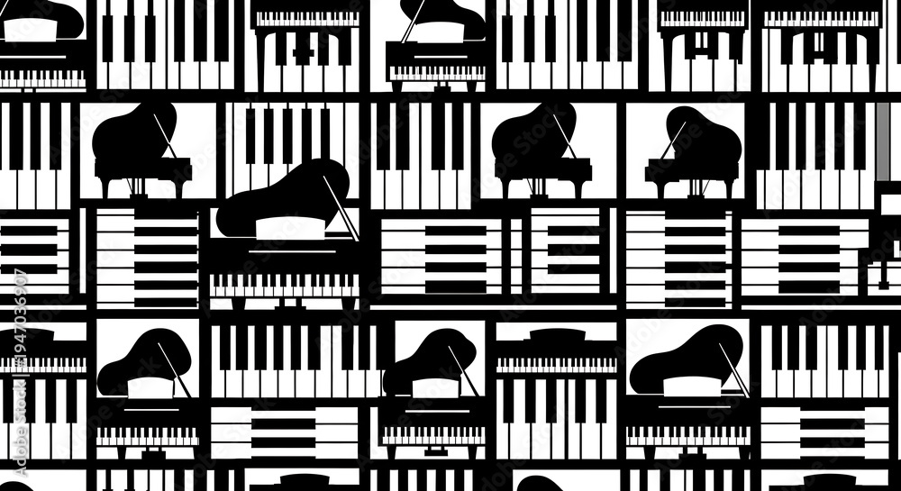 Fototapeta premium Abstract musical background featuring piano keys and icons