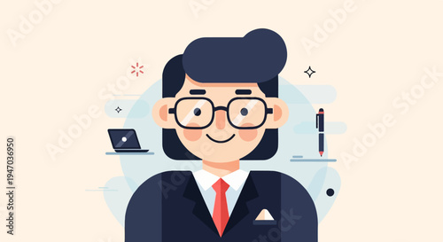 A friendly, stylized professional in a suit with glasses, holding a pen