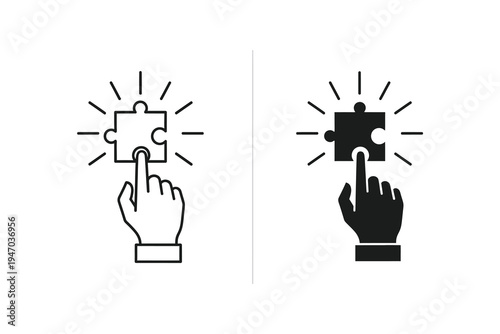 Conceptual Vector Icons: Hand Placing Puzzle Piece in Line and Silhouette Styles