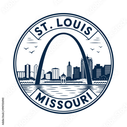 Circular emblem featuring the st louis gateway arch and city skyline