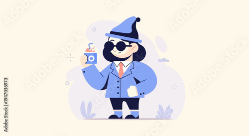 A stylized figure in a blue suit and hat holds a steaming cup