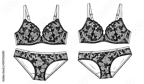 Women Floral Lingerie Set with Bra and Panties Fashion Illustration Isolated Vector Design for Underwear Catalog, Boutique Branding, Intimate Apparel Mockups, and Clothing Collection
