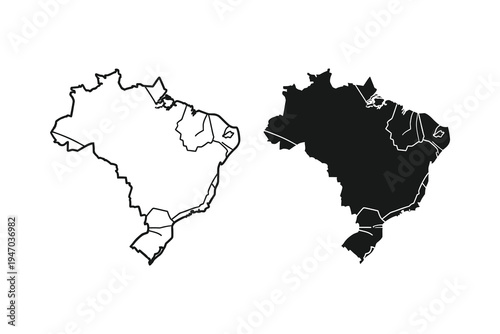 Brazil Map with States Borders Outline and Solid Icon Set