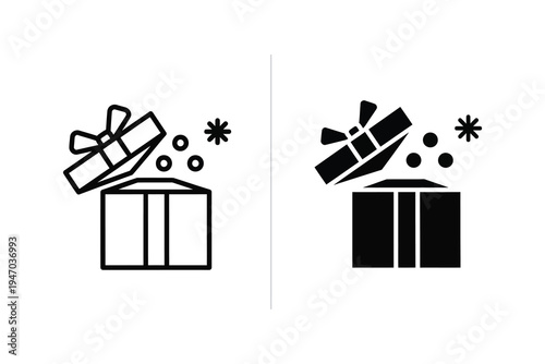 Festive Vector Icons: Exploding Gift Box with Confetti in Line and Silhouette