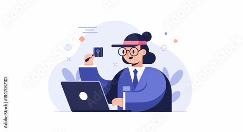 Stylized person with glasses and cap at laptop, holding key icon