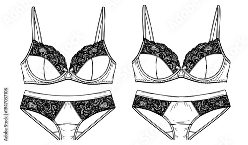 Women Lace Lingerie Set with Bra and Panties Fashion Illustration Isolated Vector Design for Underwear Catalog, Boutique Branding, Apparel Mockups, and Intimate Clothing Collection