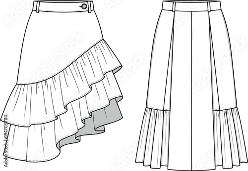 Asymmetric tiered ruffled skirt and pleated midi skirt technical fashion flat sketch, cad drawing flat vector illustration for apparel design