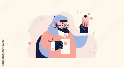 Stylized person with beard, glasses, and headphones holds card, gestures with hand