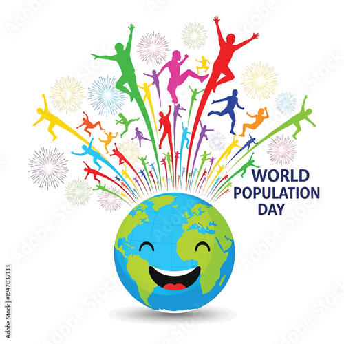 World Population Day Earth Cartoon with Diverse Lively Silhouettes and Fireworks