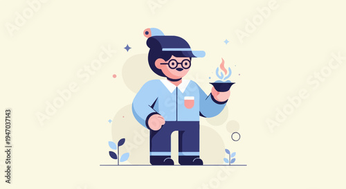 Stylized person in blue holding a bowl with flames