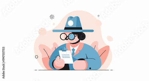 Stylized person in a hat and glasses holding a clipboard, surrounded by abstract shapes