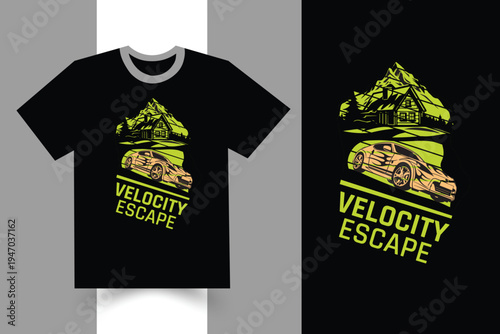 T-Shirt Design—5Velocity Escape T-shirt Design with Sporty Racing Car and Mountain Cabin Illustration