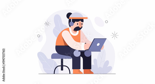 A person with headphones and a cap works on a laptop