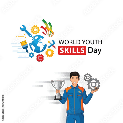 World Youth Skills Day celebration with tools and energetic worker