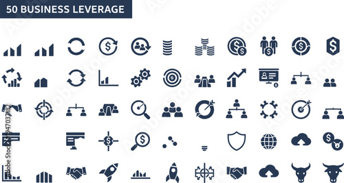 Business leverage icons set, finance growth symbols, investment strategy elements, corporate management pictograms, startup analytics, financial development vector collection