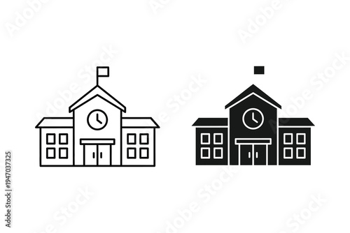 School Building Icon Vector with Clock and Flag in Outline and Solid Styles