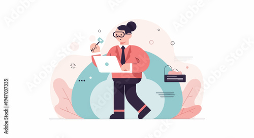 Person with laptop, key, and lock in abstract background