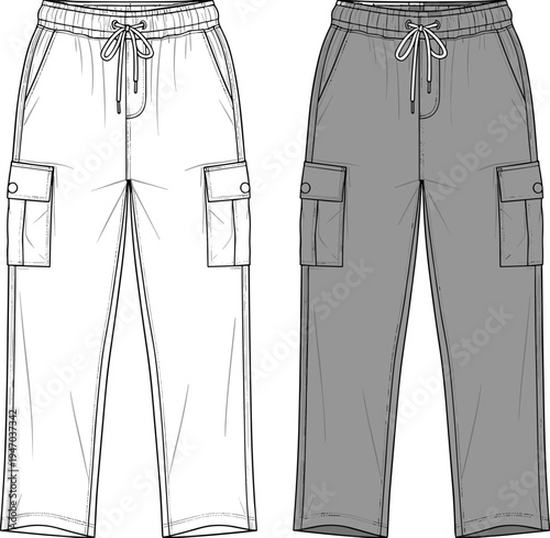 Cargo jogger pants technical fashion flat sketch with elastic drawstring waistband and side pockets, cad drawing flat vector illustration for design
