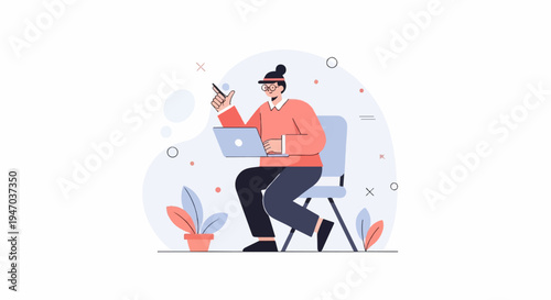 Person with laptop and pen, pointing up, sitting