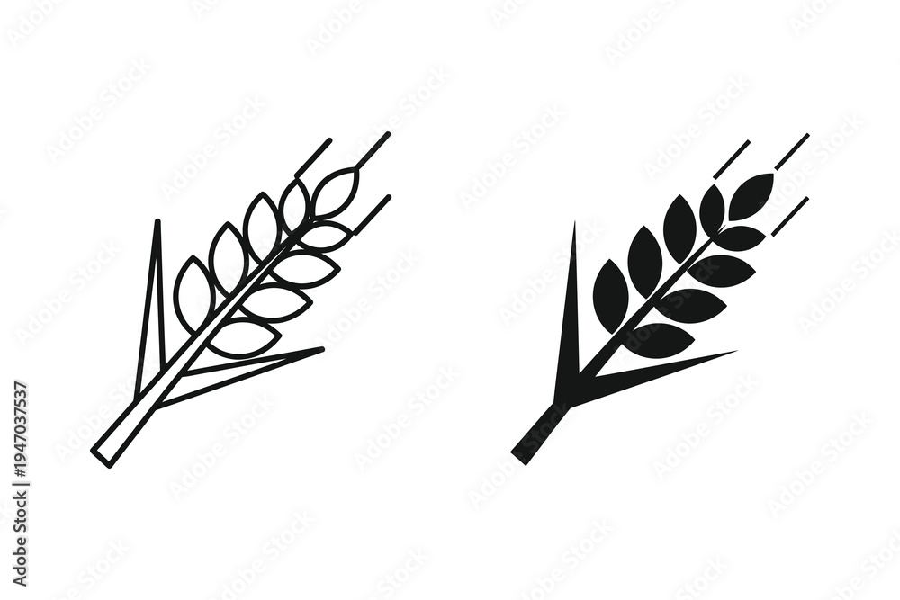 Fototapeta premium Wheat Ear Agriculture Icon - Outline and Solid Grain Spikelets Vector Illustration