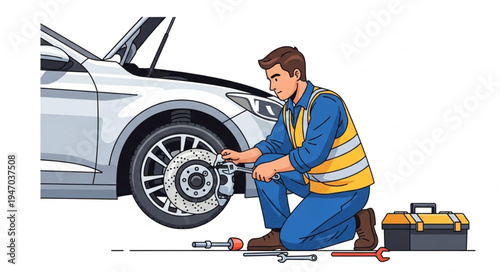 Mechanic changing car tire outdoors.