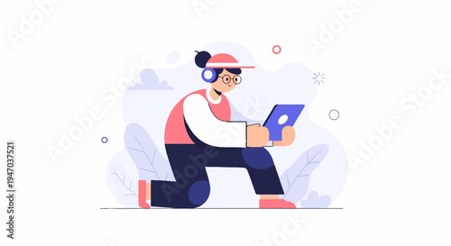 Person wearing headphones and cap, using a tablet while kneeling