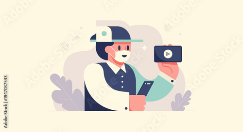 Person in mask with phone and video player, abstract background