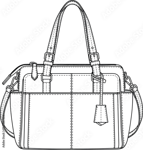 Leather tote handbag technical fashion flat sketch with adjustable handles and shoulder strap, cad drawing flat vector illustration for design