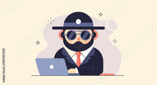 Mysterious figure in hat and sunglasses works on laptop