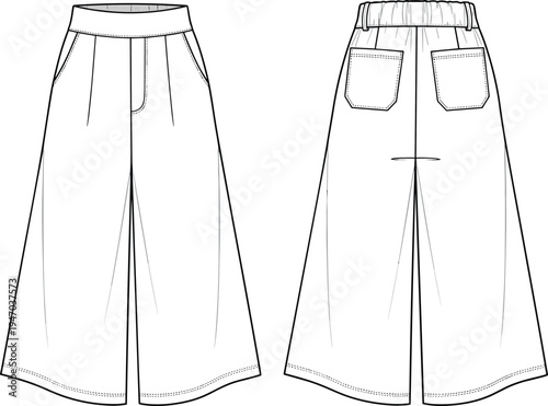 Wide leg trousers technical fashion flat sketch with elastic waistband and patch pockets, cad drawing flat vector illustration for design