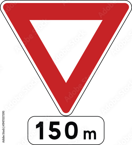 Give Way or Yield Warning With 150m Distance European Traffic Regulatory Sign Inverted Red Triangle Vector Transparent Background