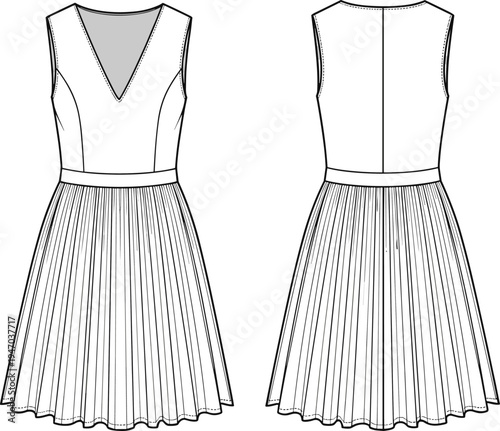 V-neck sleeveless dress technical fashion flat sketch with princess seams and pleated skirt, cad drawing flat vector illustration for design