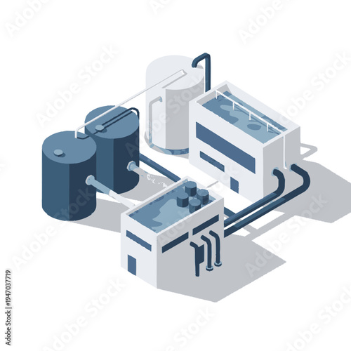 Isometric illustration of industrial water treatment plant.